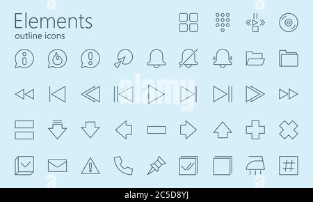 Elemente umreißen das Symbolset. Wurde mit Rastern für Pixel perfekt erstellt, wenn minimale Symbolgröße 128x128px verwendet wird. Stock Vektor