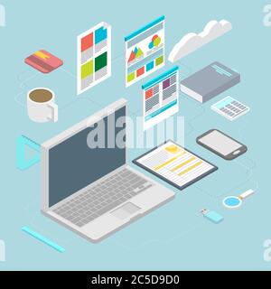 Isometrisches Design Vektor Illustration Konzept Symbole Satz von modernen Programmierer Workflow für Web-Codierung und HTML-Programmierung Benutzeroberfläche Elemente. Stock Vektor