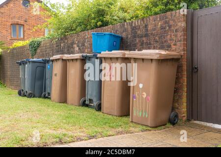 Reihe von braunen und schwarzen Recycling-Mülltonnen ordentlich aufgereiht vor einer Ziegelwand bereit, von Müllsammlern geleert werden. Hertfordshire. GROSSBRITANNIEN Stockfoto