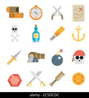 Pirate Zubehör Symbole flach Icons Sammlung mit hölzernen Schatzkiste und fröhliche roger Flagge abstrakte Vektor-Illustration Stock Vektor