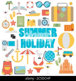 Vector Icons und Konzepte im flachen Stil - Reisen und Ferien, trendige Banner und Schilder - Sommer- und Reise Stock Vektor