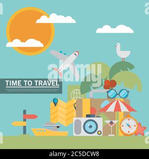 Vector Icons und Konzepte im flachen Stil - Reisen und Ferien, trendige Banner und Schilder - Sommer- und Reise Stock Vektor