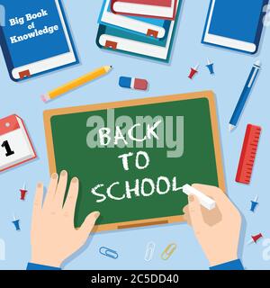 Back to School Flat Style Vektor Hintergrund mit Kreide Blackboard Pins Clips Stift Bleistift und Bücher Stock Vektor