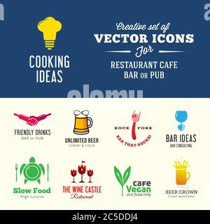 Set von kreativen Vektor-Icons für Restaurant Café-Bar oder Pub mit Typografie Stock Vektor