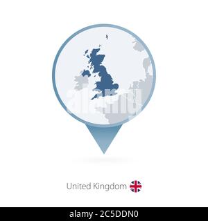 Kartenstecknadel mit detaillierter Karte von Großbritannien und den Nachbarländern. Stock Vektor