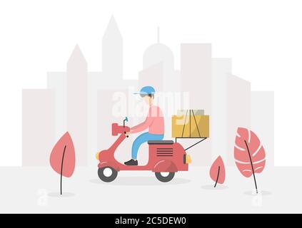 Service-Konzept, man Courier Reiten Scooter oder Stock Vektor