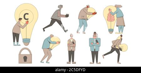 Schutzrechte für geistiges Eigentum. Plagiate und Urheberrechtsverletzungen. Vektor-Zeichen mit kreativen neuen Idee Symbol, Schloss, thieve, sec Stock Vektor