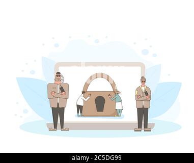 Online-Datenschutz. Datenschutzkonzept. Sicherheitskräfte schützen vertrauliche Informationen. Zwei Zeichen speichern Social Media Benutzer Spuren. Vectror Stock Vektor