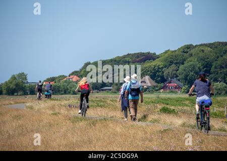 06-25-2020 Insel Hiddensee, Mecklenburg Vorpommern, Deutschland, Touristen wandern über den Teich zwischen den Dörfern Vitte und Kloster Stockfoto