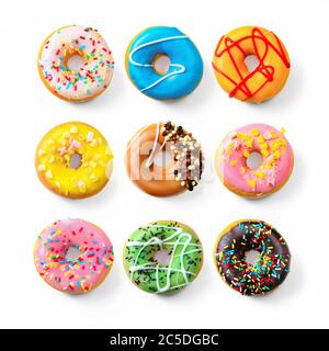 Verschiedene bunte Donuts isoliert auf weißem Hintergrund Stockfoto