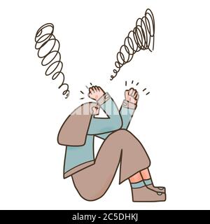 Psychische Störung. Psychiatrische Störungen oder psychische Probleme. Charakter mit schlechter Laune. Vektorgrafik Doodle Illustration. Stock Vektor