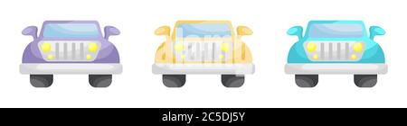 Sammlung von niedlichen Cartoon Baby Autos auf weißem Hintergrund isoliert. Set von Autos in verschiedenen Farben für die Gestaltung von Kinderzimmern Kleidung Textilien Album Stock Vektor