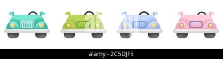 Sammlung von niedlichen Cartoon Baby Autos auf weißem Hintergrund isoliert. Set von Autos in verschiedenen Farben für die Gestaltung von Kinderzimmern Kleidung Textilien Album Stock Vektor