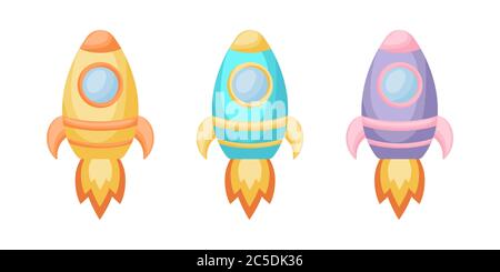 Sammlung von niedlichen Cartoon Baby Raketen auf weißem Hintergrund isoliert. Set von Raketen in verschiedenen Farben für die Gestaltung von Kinderzimmern Kleidung Textilien Stock Vektor