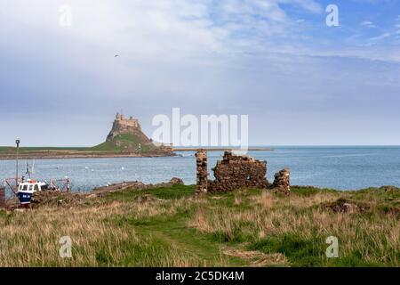 Das Schloss und der Hafen von The Common, Lindisfarne, Holy Island, Northumberland, England, Großbritannien Stockfoto