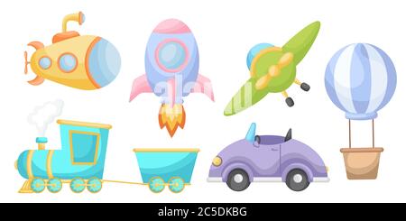 Sammlung von niedlichen Cartoon Transport für Jungen isoliert auf weißem Hintergrund. Set von Transport-Thema für die Gestaltung von Kinderzimmern Kleidung Textilien Stock Vektor