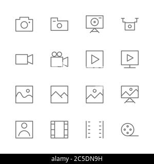 Einfacher Satz kamerabezogene Vektor-Symbole mit dünnen Linien. Enthält wie Video, Foto, Bild, Drohne, Recorder, Phyographie, Film, Bild, Kino, Studio Stock Vektor