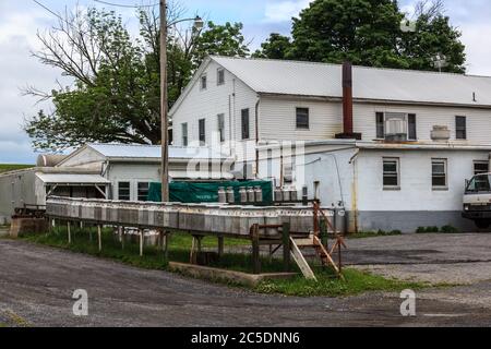 Bellville, PA, USA - 23. Mai 2013: Eine Fabrik, die Quark aus Milch produziert, die von nahe gelegenen Amish-Farmen in Milch im Kishacoquillas Valley, M, aufgenommen wurde Stockfoto