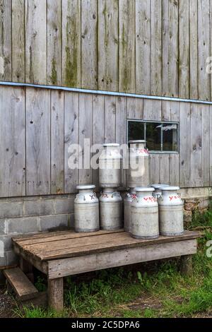 Bellville, PA, USA - 23. Mai 2013: Milchdosen auf einer Ladeplattform, die von einer Amish Farm im Kishacoquillas Valley im Mifflin County, PA, abgeholt werden können Stockfoto