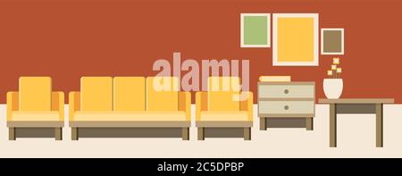 Konzept für die Geschäftsausstattung. Symbole des Geschäftsinnenraums durch Management- und Organisationsideen Symbol- und Arbeitsplatzelemente in flacher Ausführung. Stock Vektor