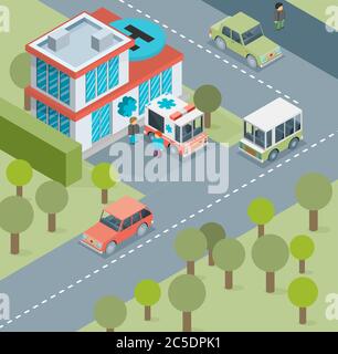 Isometrisches Krankenhaus und Ambulanzgebäude mit Parkplatz und 3d-Autos. Vektorgrafik in flacher Form. Stock Vektor