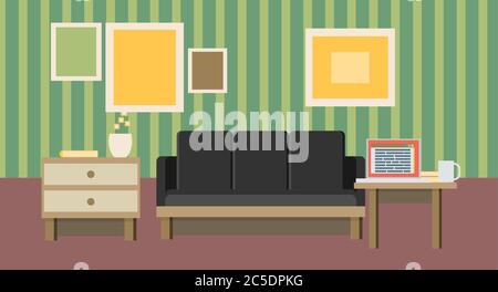 Konzept für die Geschäftsausstattung. Symbole des Geschäftsinnenraums durch Management- und Organisationsideen Symbol- und Arbeitsplatzelemente in flacher Ausführung. Stock Vektor