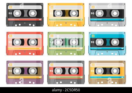 Set von verschiedenen Audio-Kassetten in flacher Form Stock Vektor