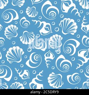 Vektor nahtlose Muster mit weißen Muscheln Silhouetten auf einem blauen Hintergrund. Stock Vektor