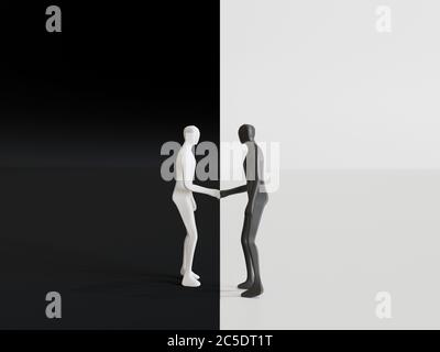 Weiße und schwarze Männer Figuren schütteln Hände in schwarz und weiß Hintergrund - 3d-Rendering Stockfoto