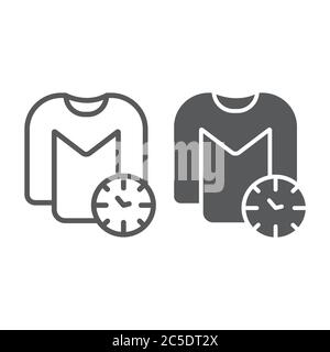 Waschzeit Linie und Glyphe Symbol, Wäsche und Haushalt, Uhr und Hemd Zeichen, Vektorgrafiken, ein lineares Muster auf weißem Hintergrund. Stock Vektor