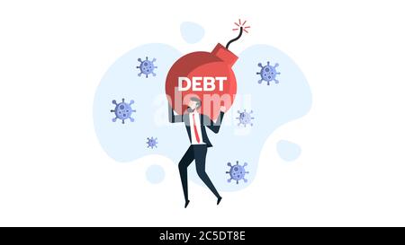 Geschäftsmann tragen seine Schulden Zeit Bomb, Kredit und Finanz. Umgeben von Viren. Geschäftsleute sorgen sich um das Coronavirus 2019 oder Covid-19 Financial Stock Vektor