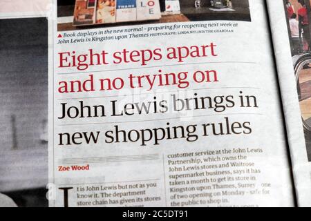 "Acht Schritte auseinander und kein Versuch an" John Lewis bringt neue Einkaufsregeln" Store Eröffnung in Guardian Zeitung Retail News 13 Juni 2020 London UK Stockfoto