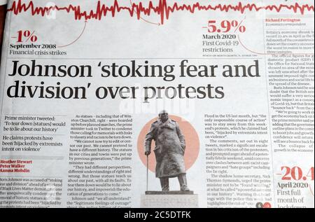 "Johnson "Angst und Spaltung" wegen Protesten" Schlagzeile der Zeitung The Guardian am 24. Juni 2020 London England Großbritannien Stockfoto