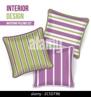 Set mit 3 passenden dekorativen Kissen für die Inneneinrichtung (Orchideenmuster und Limettengrün Streifenmuster). Muster Idee für Mode Hause Textil-Design. Kissen Stock Vektor