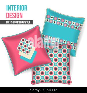 Set mit 3 passenden dekorativen Kissen für die Inneneinrichtung (geometrisches Muster im Retro-Stil). Muster Idee für Mode Home Textil-Design, Stoff-Design. Pillo Stock Vektor