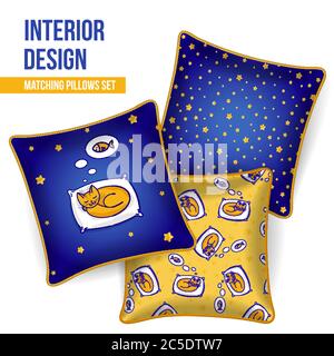 Set mit 3 passenden dekorativen Kissen für die Inneneinrichtung (niedliche schlafende Katze). Muster Idee für Mode Home Textil-Design, Stoff-Design. Kissen, perfekt Stock Vektor