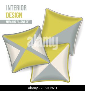 Set mit 3 passenden dekorativen Kissen für die Inneneinrichtung (Senf und graues geometrisches Muster). Muster Idee für Mode Home Textil Design, Stoff de Stock Vektor