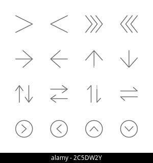 Einfache Pfeilgruppe Schnittstelle Verwandte Vektor dünne Linie Symbole. Enthält z. B. Richtung, Navigation, Schaltfläche, Weiter, überspringen Stock Vektor