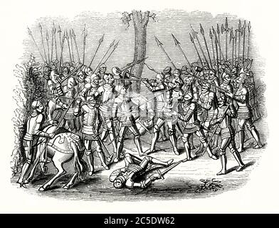 Ein alter Stich, der Soldaten oder Ritter in einem 'Melee' im Mittelalter zeigt. Nahkampf (oder mêlée oder Melée) ist eine Art Scheinkampf in mittelalterlichen Turnieren. Das "Melee" war, wo zwei Teams von Reitern oder Soldaten zu Fuß in Formation zusammenprallten. Das Ziel war es, ihre Gegner zurückzudrängen oder ihre Reihen zu brechen. Das Nahkampf oder 'buhurt' war die Hauptform des Turnierkampfes im 12. Und 13. Jahrhundert, bevor das Jausting an Popularität gewann. Stockfoto