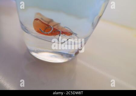 Hawley Bogen kieferorthodontische Zähne Halter in Glas von Zahnersatz Reiniger Stockfoto