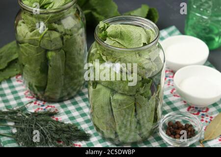 Marinierte Gurken in Traubenblättern in Gläsern für den Winter mit Knoblauch und Dill, Vorbereitung Closeup Stockfoto