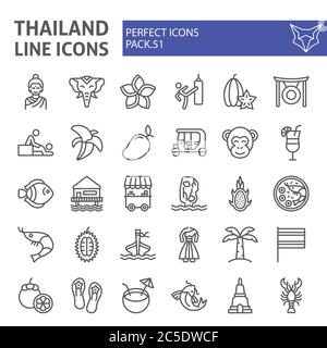 Thailand Linie Icon Set, thai Symbole Sammlung, Vektor-Skizzen, Logo-Illustrationen, asien Zeichen lineare Piktogramme Paket isoliert auf weiß Stock Vektor