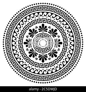 Griechischer Vektor Boho Mandala Design, Alte runde Welle und griechische Schlüsselmuster Kunst im Kreis isoliert auf weiß Stock Vektor