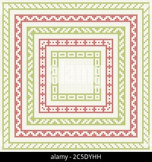 Satz Kreuzstich Muster für dünne Ränder. Geometrische Rahmen für Kreuzstich-Stickerei im klassischen Stil. Rot und grün, Vektorgrafik. Stock Vektor