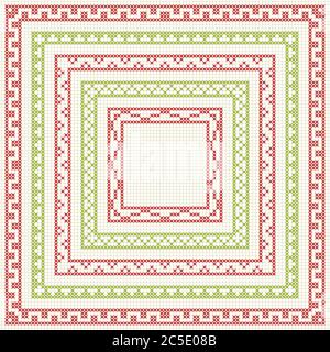 Satz Kreuzstich Muster für dünne Ränder. Geometrische Rahmen für Kreuzstich-Stickerei im klassischen Stil. Rot und grün, Vektorgrafik. Stock Vektor