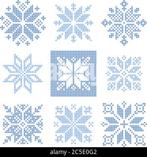 Set mit 9 Schneeflocken-Kreuzstich-Muster, skandinavischer Stil. Geometrisches Ornament für Stickerei. Perfekt für Weihnachten Design. Vektorgrafik Stock Vektor