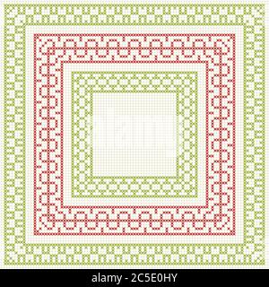 Satz Kreuzstich Muster für dünne Ränder. Geometrische Rahmen für Kreuzstich-Stickerei im klassischen Stil. Rot und grün, Vektorgrafik. Stock Vektor