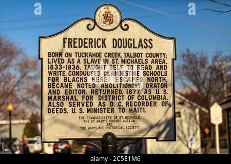 St. Michaels, MD, USA - 30. März 2013: Frederick Douglass Historic Marker Sign in St. Michaels, Maryland Stockfoto