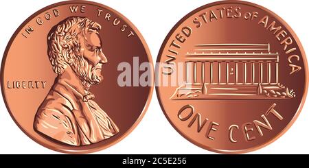 American Money Lincoln Memorial Cent, USA ein Cent oder Penny, Münze mit Präsident Abraham Lincoln auf der Vorderseite und Lincoln Memorial auf der Rückseite Stock Vektor