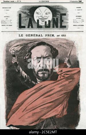 Portrait du General Juan Prim (1814-1870), militaire et homme politique espagnol. Karikatur par Gill, in 'La Lune', 8. Septemberausgabe 1867. Stockfoto